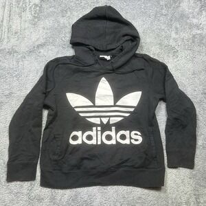 Adidas Originals Trefoil CROP Hoodie Womens S Black‎ Pullover Sweatshirt EUC